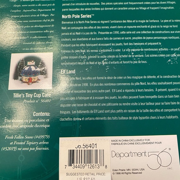 Dept 56 TILLIE'S TINY CUP CAFE 1998 North Pole Series Light & Box- Unused - Picture 4 of 10